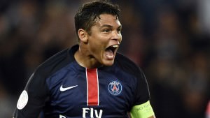 Paris Saint-Germain's Brazilian defender Thiago Silva celebrates after scoring during the French L1 football match Paris Saint-Germain FC vs GFC Ajaccio on August 16, 2015 at the Parc des Princes in Paris. AFP PHOTO / FRANCK FIFE (Photo credit should read FRANCK FIFE/AFP/Getty Images)