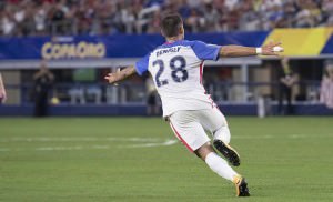 Jul 22, 2017; Arlington, TX, USA; United States forward Clint Dempsey (28) celebrates his goal against Costa Rica during the second half at AT&T Stadium. The United States shut out Costa Rica 2-0. Mandatory Credit: Jerome Miron-USA TODAY Sports