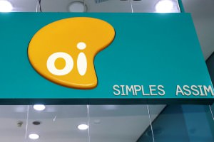 The logo of Brazilian telecoms company Oi SA is pictured inside a store in Sao Paulo